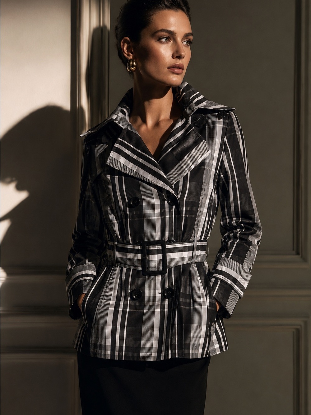 Black and White Plaid Jacket with Pockets and Belt